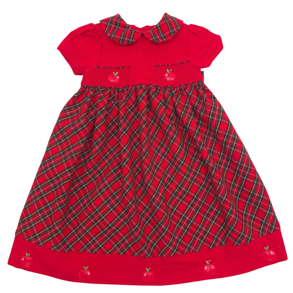Vintage BT Kids Girls Red Plaid Apple Dress Peter Pan Collar Size 3T